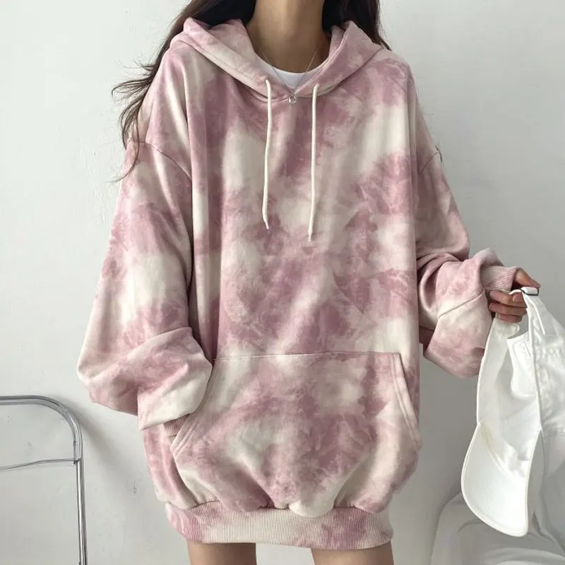 Jerséis de manga larga con capucha para mujer, ropa de calle holgada con teñido anudado, fina, con bolsillo y cordón, Otoño, 2023