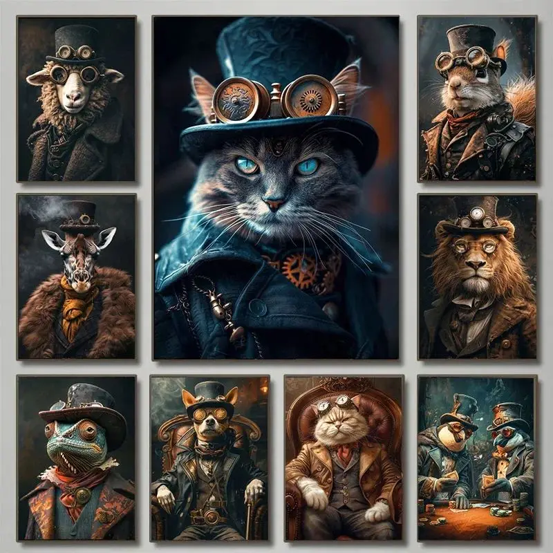 

Cool Steampunk Animals Portrait Diamond Print Posters Pictures Retro Animal Wall Art Painting Mural for Living Room Home Decor
