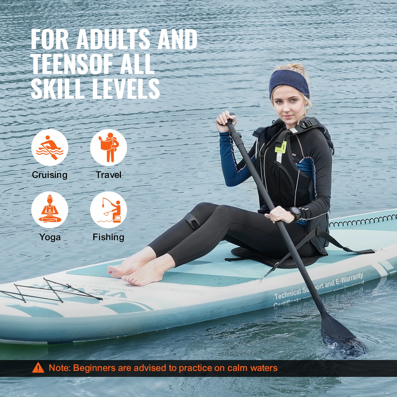 VEVOR Aufblasbares Stand-Up-Paddle-Board, 3048 x 838,2 x 152,4 mm PVC SUP-Paddleboard mit Abnehmbarem Kajaksitz, Board-Zubehör, Handytasche, Pumpe, Paddel & Reparaturset, für Jungen & Erwachsene