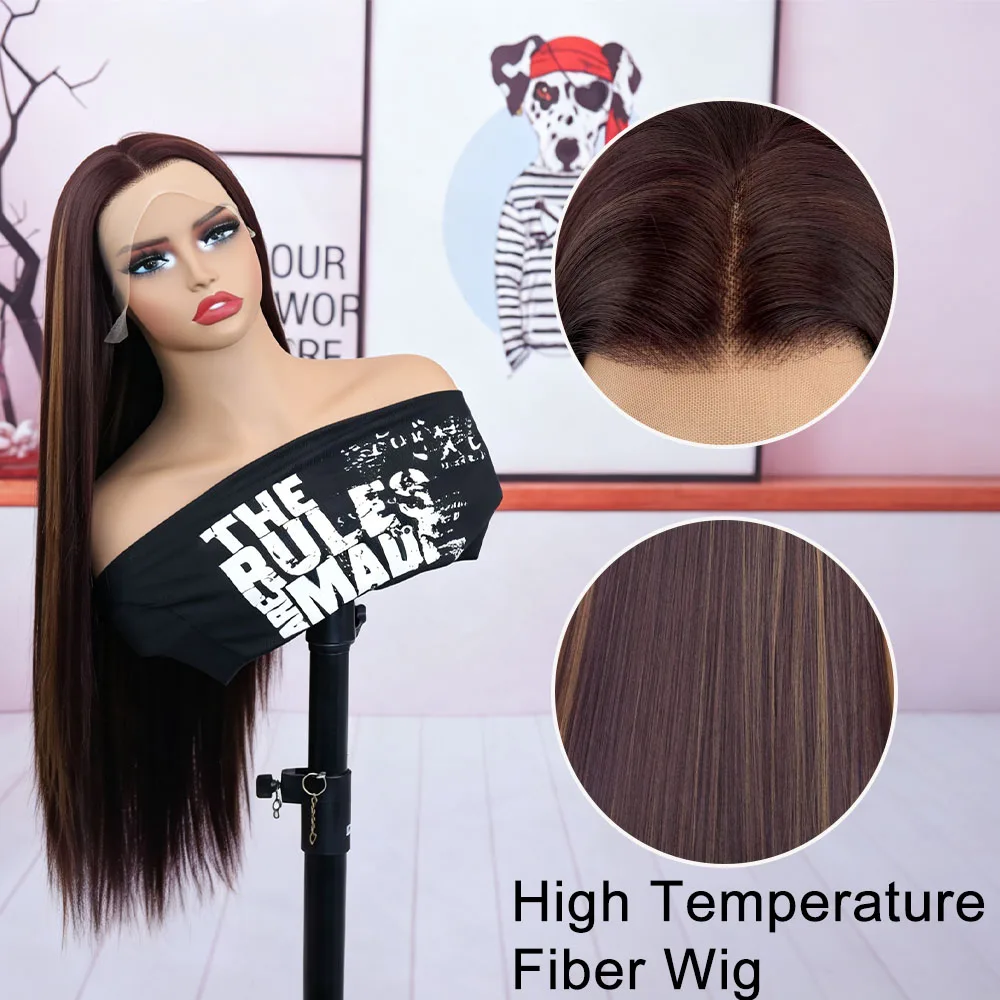 13x4 Burgundy Highlight Pre-Colored Synthetic Lace Wig, Pre-Cut Pre-Plucked Hairline, 26 Inch Straight, Ready for Beginners