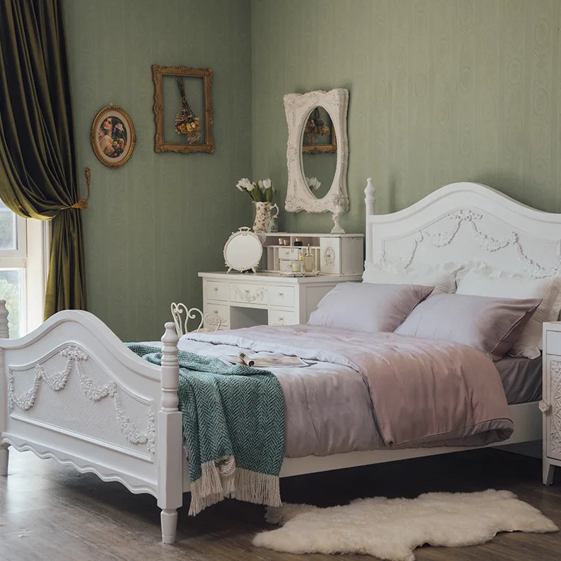 Solid wood carving flower white single double bed carving 1.8 meters