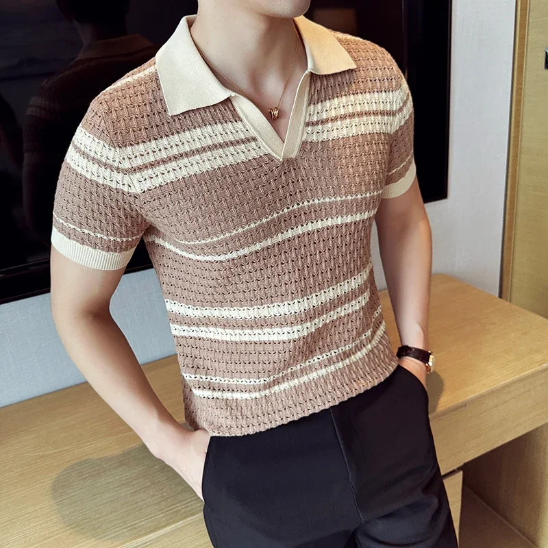 Men Knitted Polo Shirt 2024 Summer New Thin Striped Jacquard Patchwork Color Short Sleeved Casual V-neck T-shirt Men Clothing