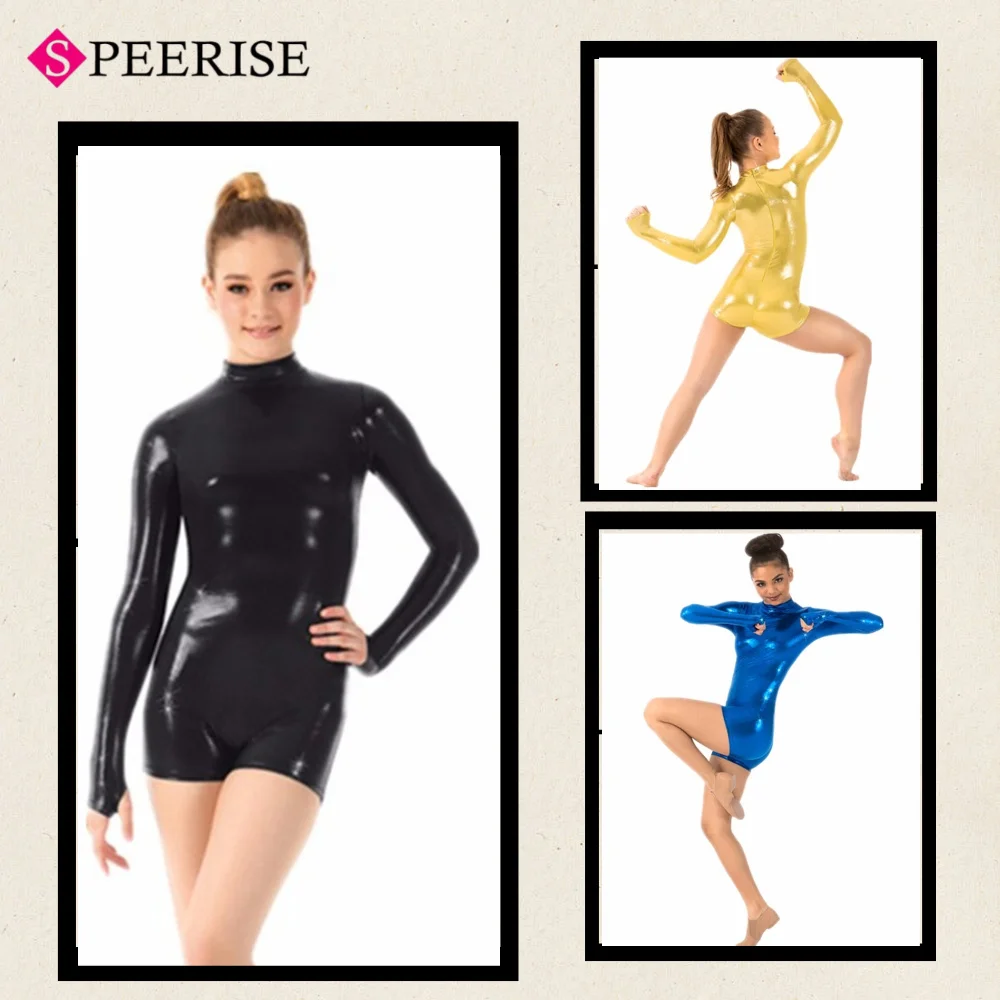 Kids Turtleneck Metallic Biketards With Thumbholes Girls Gold Gymnastics Leotards Shorty Unitard Dance  Halloween Costumes - Image 4
