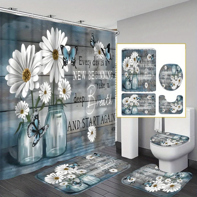 1pc/4pcs White Daisy, Multi-color Background Pattern Curtain, Modern Bathroom Decoration, Waterproof Fabric Shower Curtai