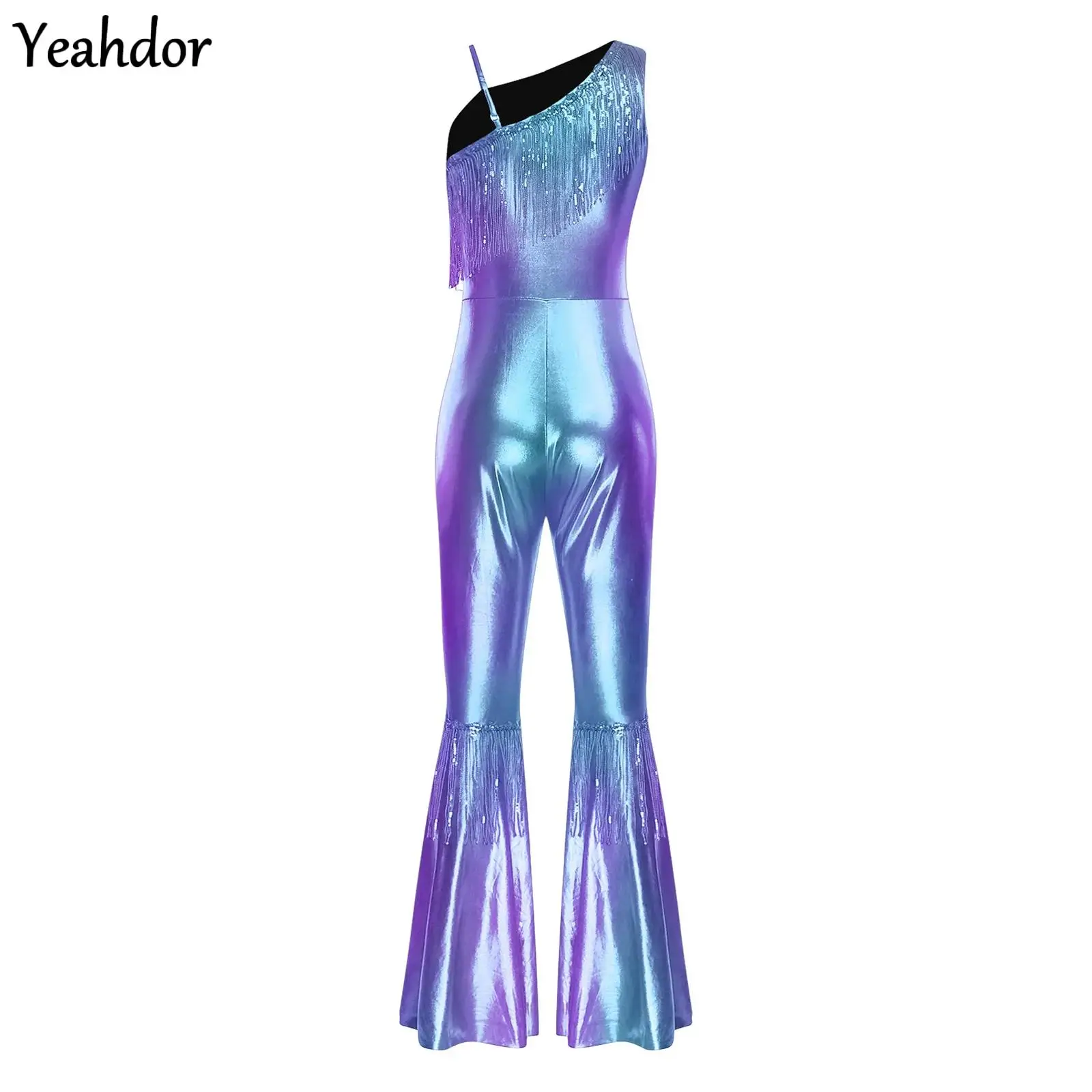 

Women Metallic Shiny 70s 80s Hippie Costume Jazz Disco Dance Jumpsuit Sequin Tassels One Shoulder Bell Bottom Bodysuit Rompers