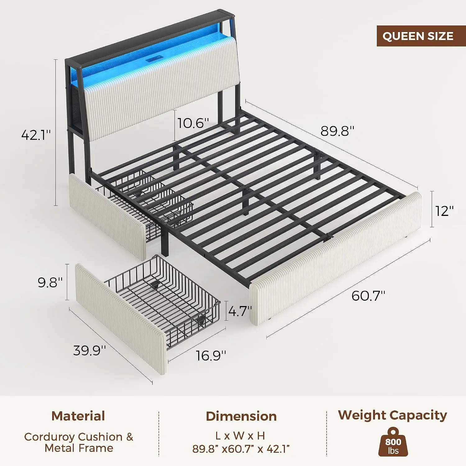 Upholstered Queen LED Bed Frame with 2 Storage Drawers & Charging Station