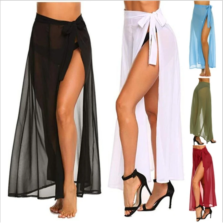 Cross-Border Sexy Pure Color Chiffon Belted Split Mid-Length Beach Sunscreen Half Skirt Women's Commute Style Other Fabric Blend