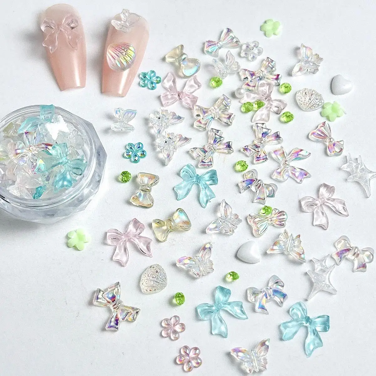 Abalorio para uñas con lazo degradado transparente, mezcla aleatoria, resina 3D, concha azul y rosa, estrella, decoración artística para uñas, manicura DIY