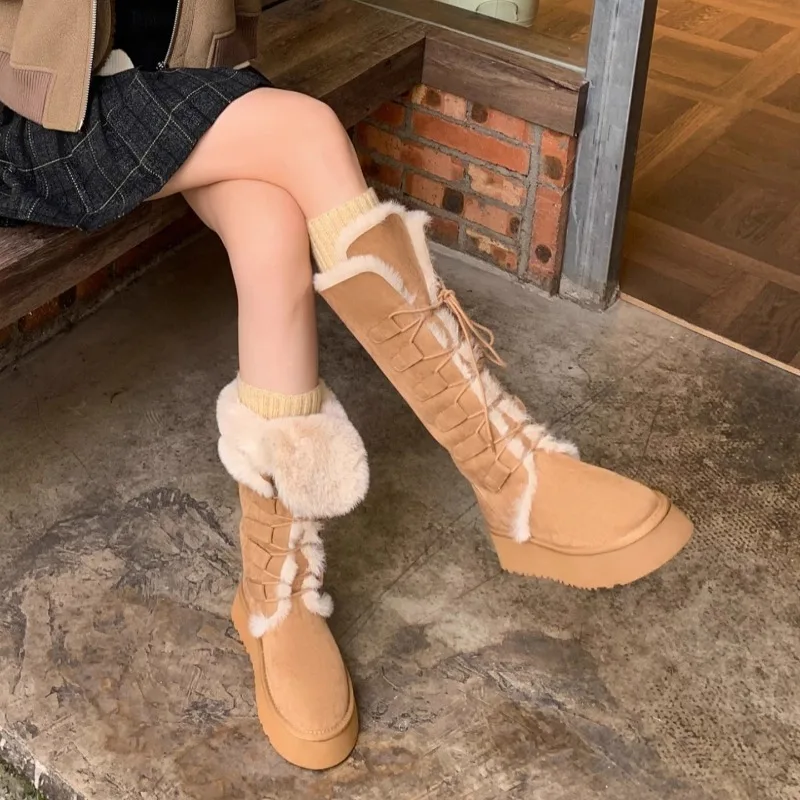 أحذية قطنية طويلة خالية من الركبة شتاء موضة جديدة جولة تو الدانتيل متابعة منصة دافئة المضادة للانزلاق أحذية الثلوج #3