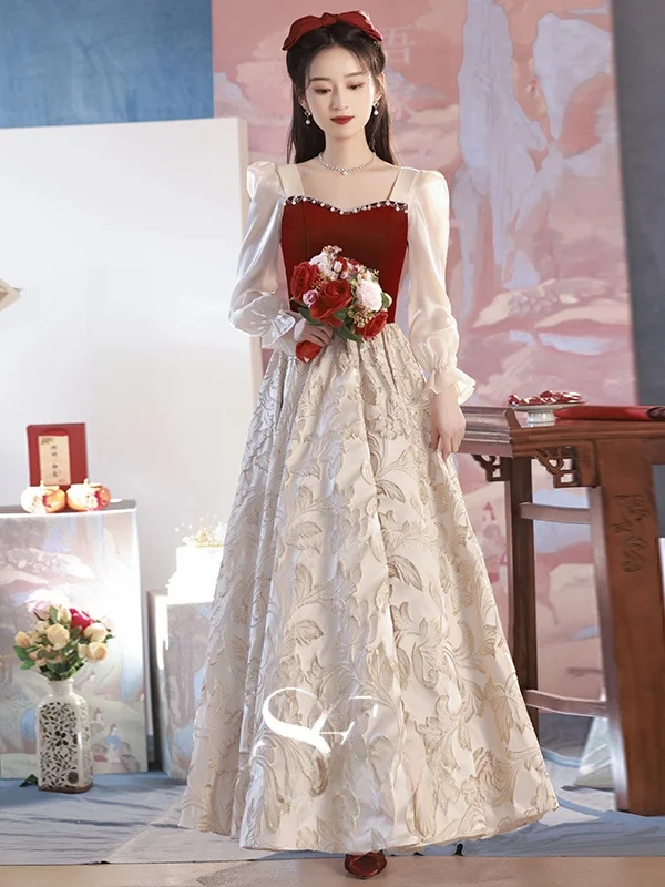 

Modern Long Sve Wedding Dr for Women Bridal Thank You Dinner Gown Floor Length Embroidered Korean Sle Polyester Fabric