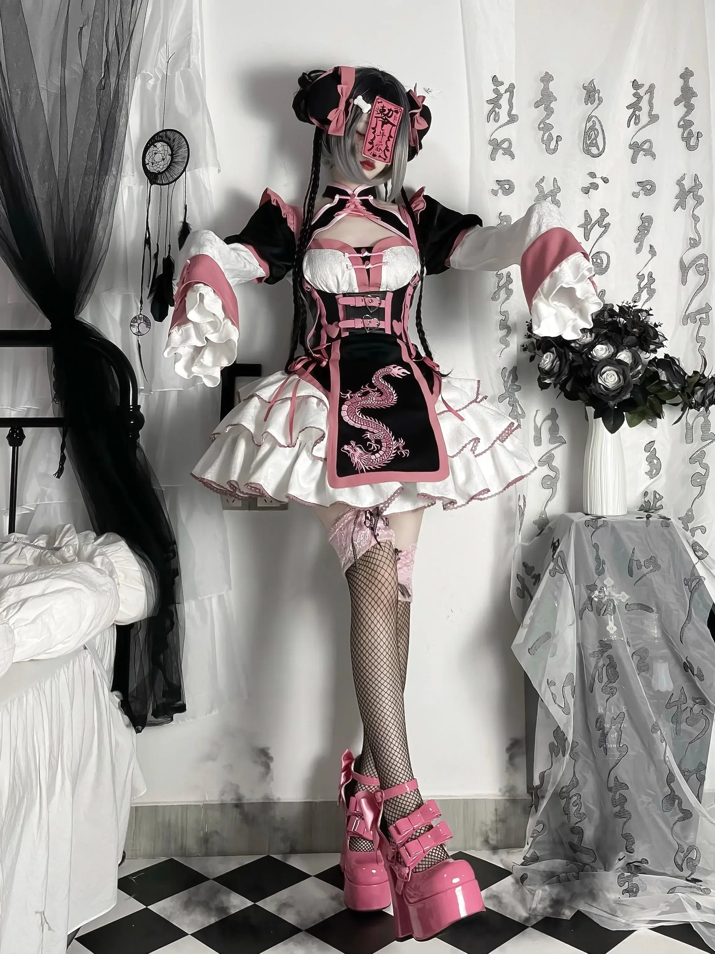 Cos Loli Tea Party Embroidery Dress Sweet OP Chinese Style Qipao Improved Sweet Spicy Yabi Style Spicy Girl lolita Dress