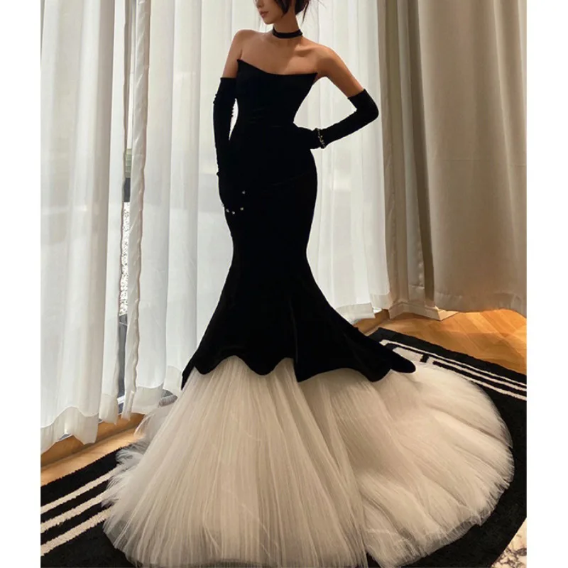 Luxury Velour Mal Evening Trumpet Dress Strapless Slim Fit Party Gowns Black Patchwork Mesh Designed Banquet Customized Robe