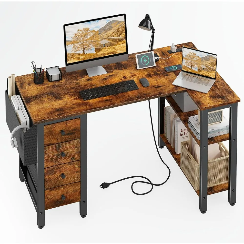 

L Shaped Desk with Drawers & Storage Shelves, 47 Inch Corner Computer Desk with Power Outlet for Home Office Bedroom