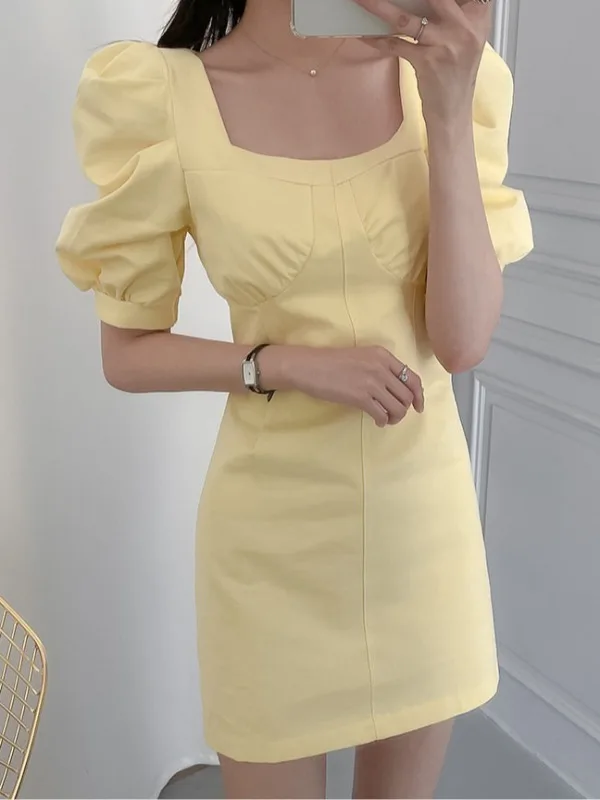 

Chic Summer ort Bubble Sve Pleated Waist Slimming Dr Yellow Square Collar Women's Faion Commute Sle Spring Autumn...