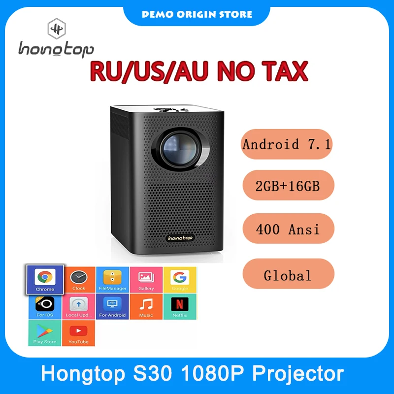 

HONGTOP S30 Global Version Min Projector Portable 1080P FHD Android 7.1 2GB+16GB Home Ciname Theater Beamer For Home Theater