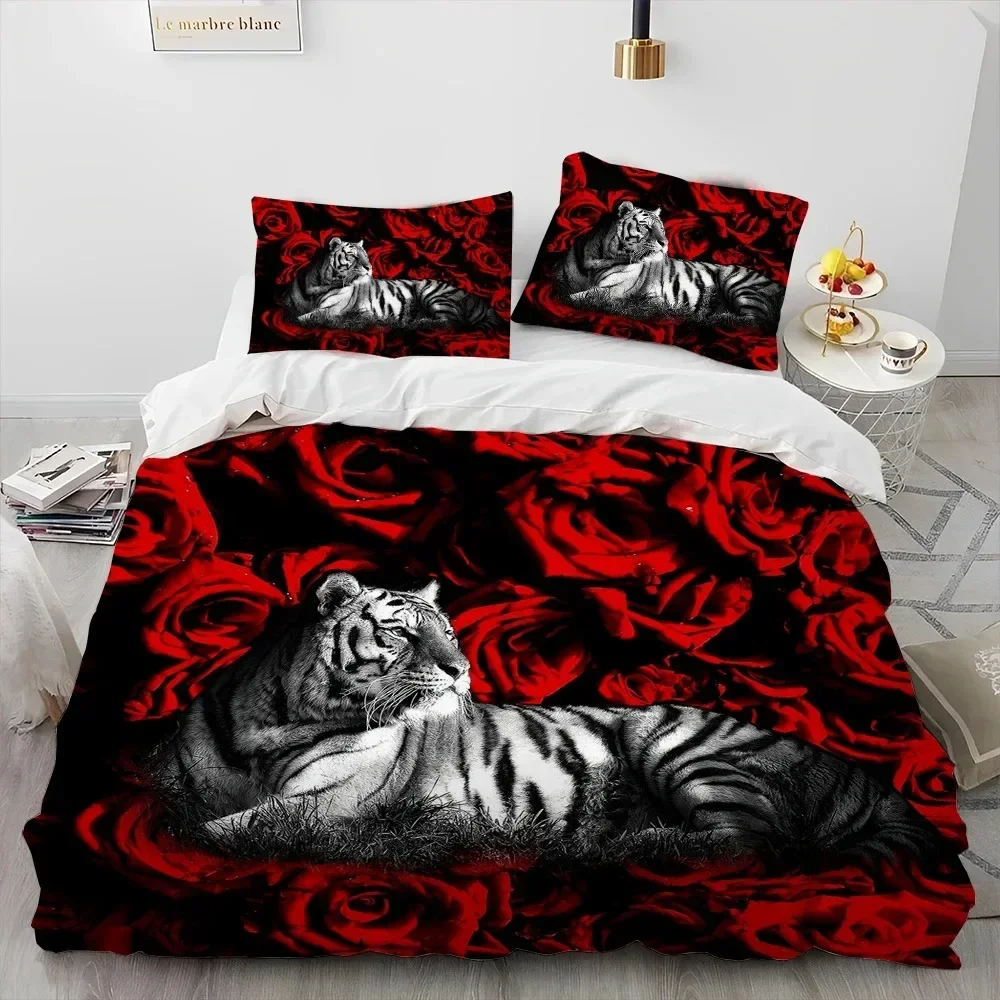 3D Tiger Rose Leopard Animal Luxury Comforter Bedding Set,Duvet Cover Bed Set Quilt Cover Pillowcase,King Queen Size Bedding Set
