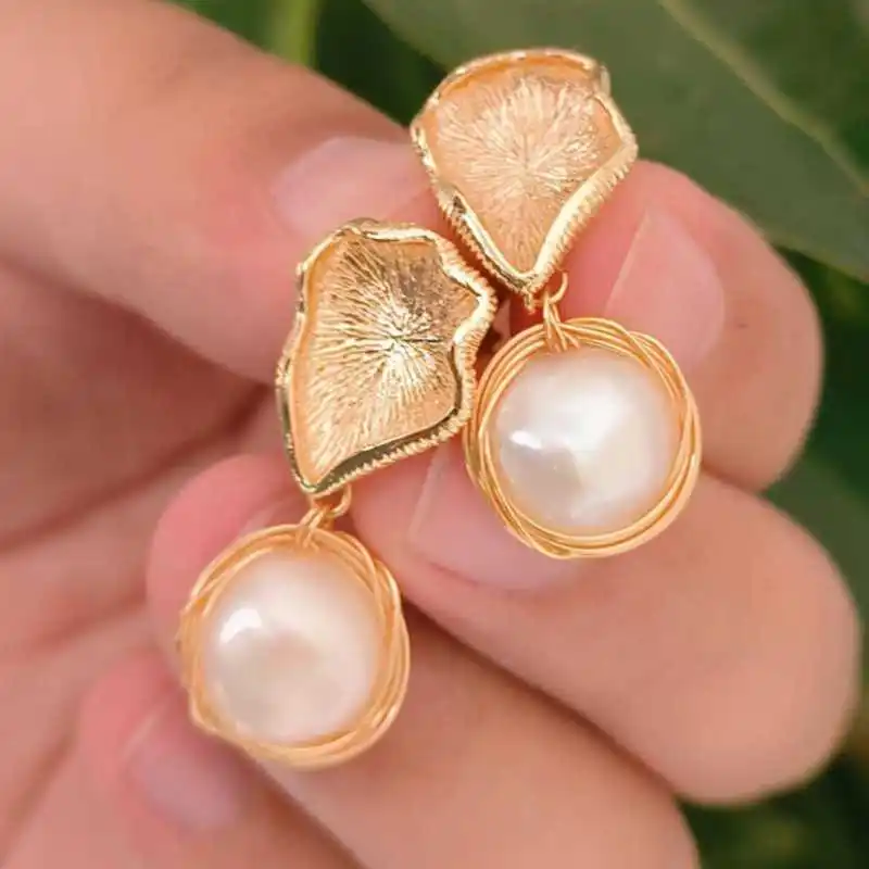 Handwork 10-11mm Baroque Pearl Earrings 18K Gold-Plated Ear Needle New Party Jewelry Diy