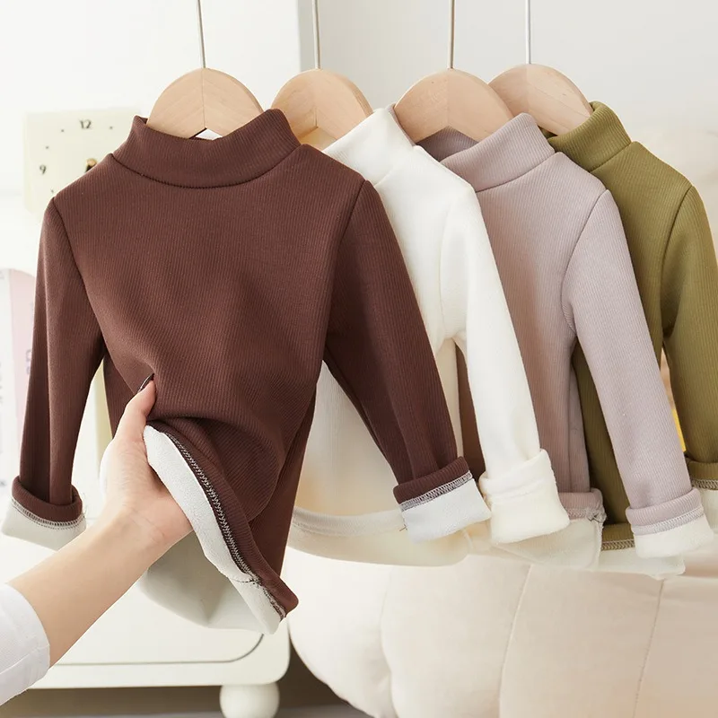 Children's Semi High Neck Plus Velvet Long Sleeved Solid Color Bottom Pants Shirt Suitable For Boys And Girls