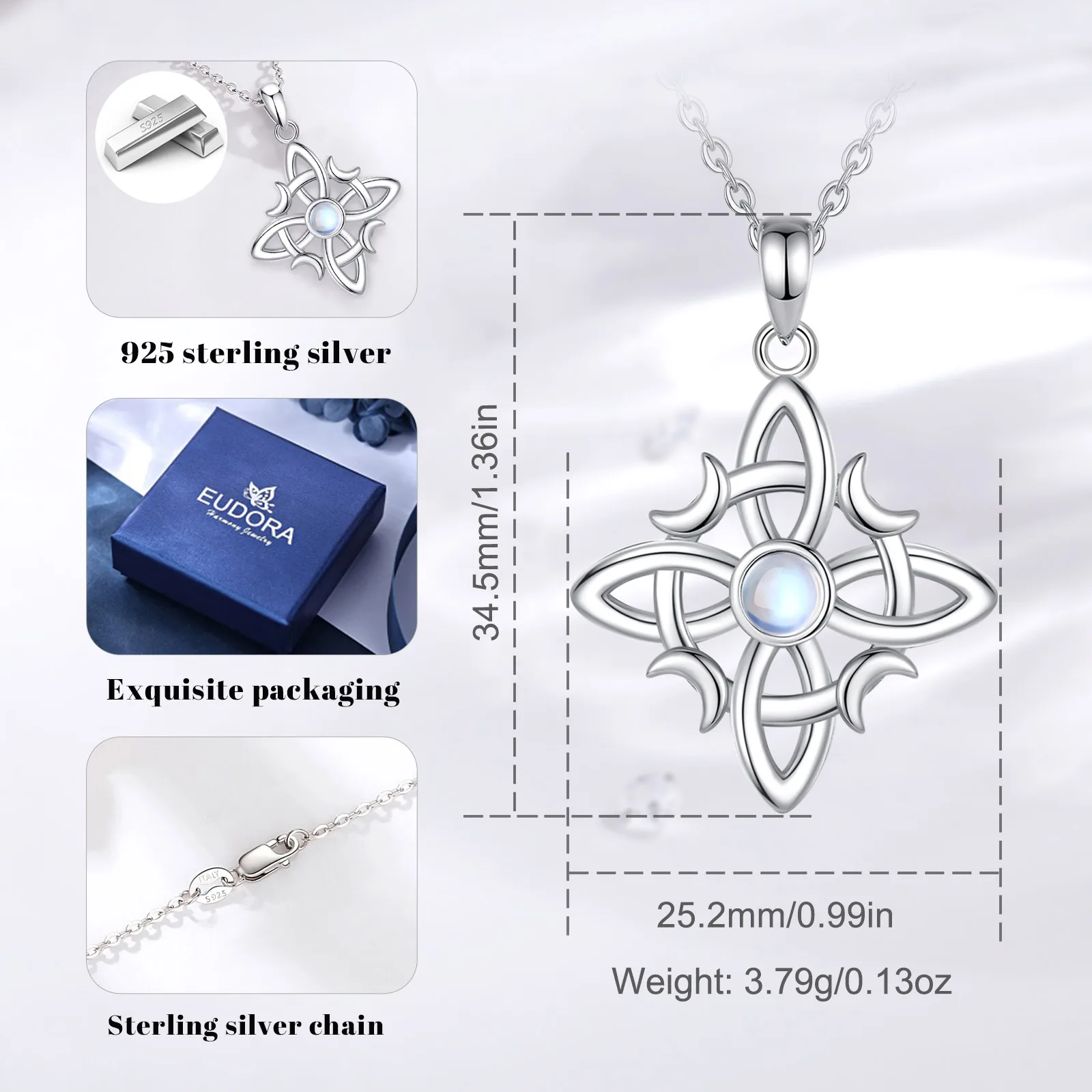 Eudora Original 925 Sterling Silver Witch Celtic Knot Necklace for Women Moonstone Witchcraft Amulet Pendant Wicca Jewelry Gift