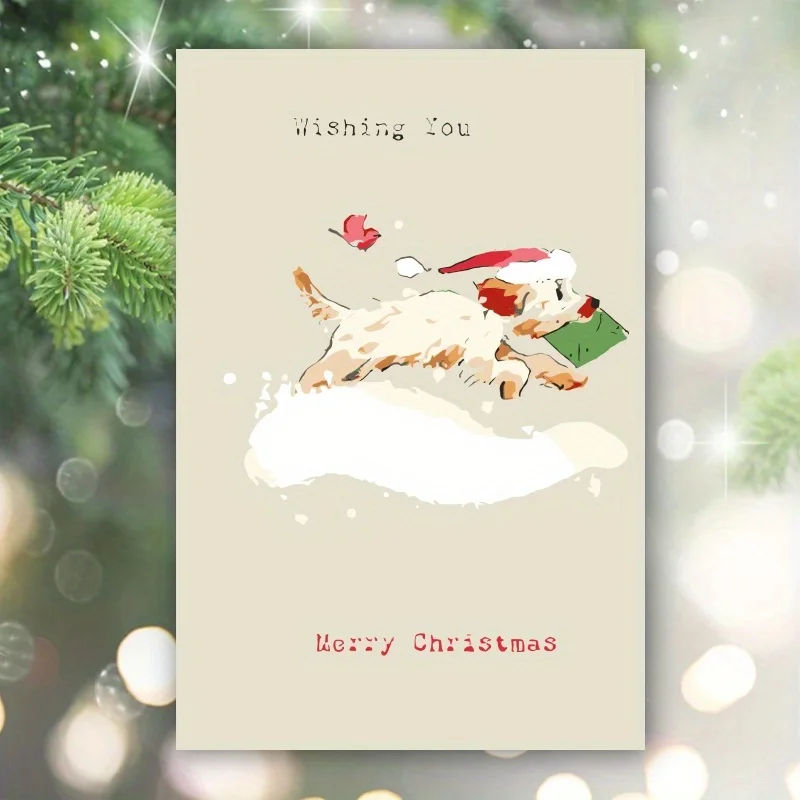 1szt, Happy Christmas Time Card, Wesoła i jasna świąteczna karta, kartka świąteczna, zabawny pies z kartką świąteczną z literą
