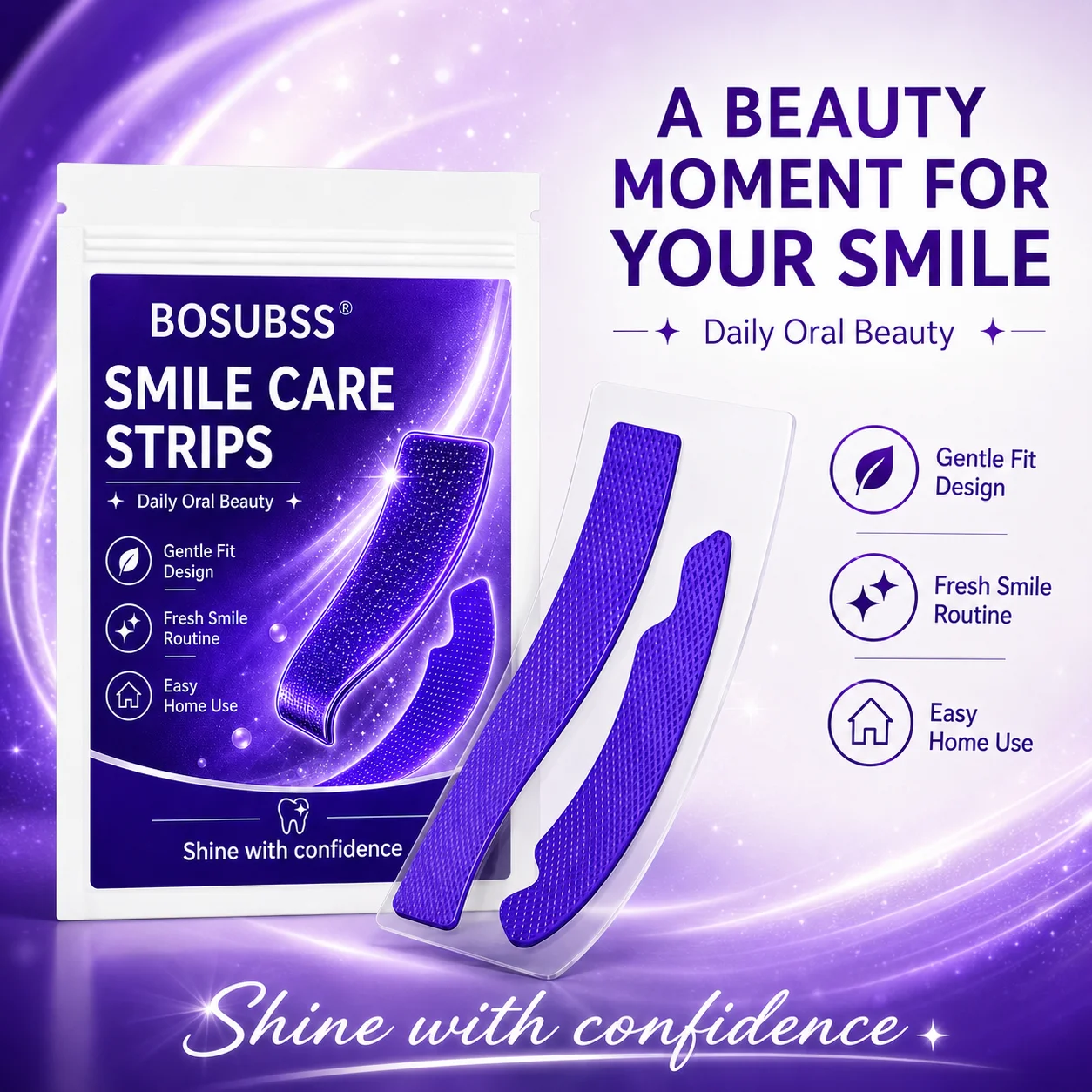 1Pair Purple Smile Care Strips, Upper and Lower Oral Beauty Strips with Flexible Fit, Easy-Peel Design for At-Home Smile Routi