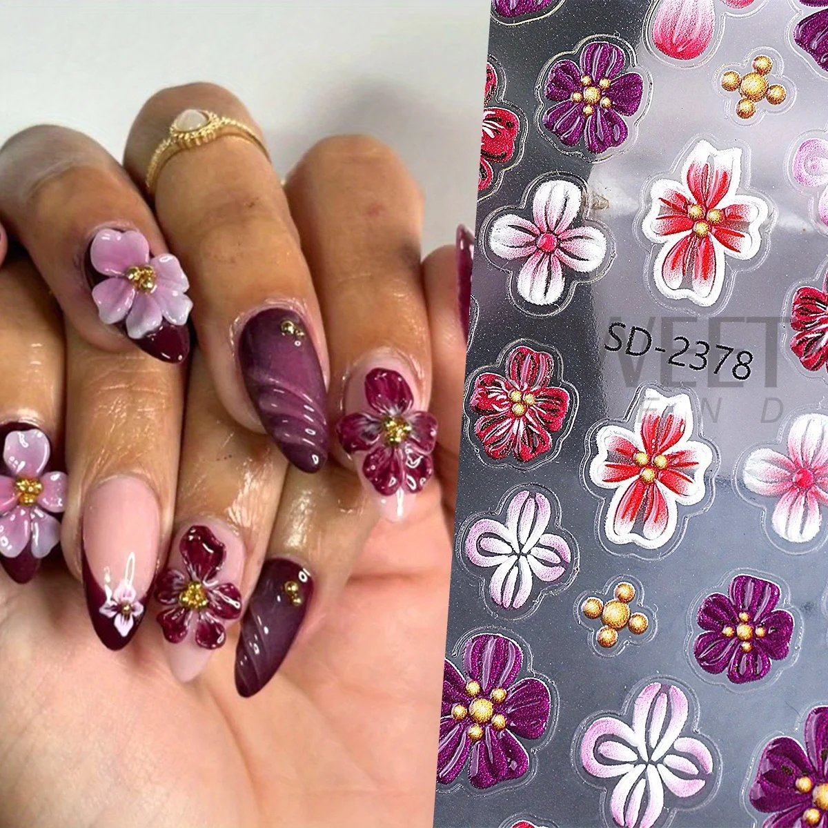 2pcs Gradient Purple Pink Relief Flower Matte Nail Sticker Blooming Big Petal Hibiscus Floral Decal Elegant Wraps Manicure Foils
