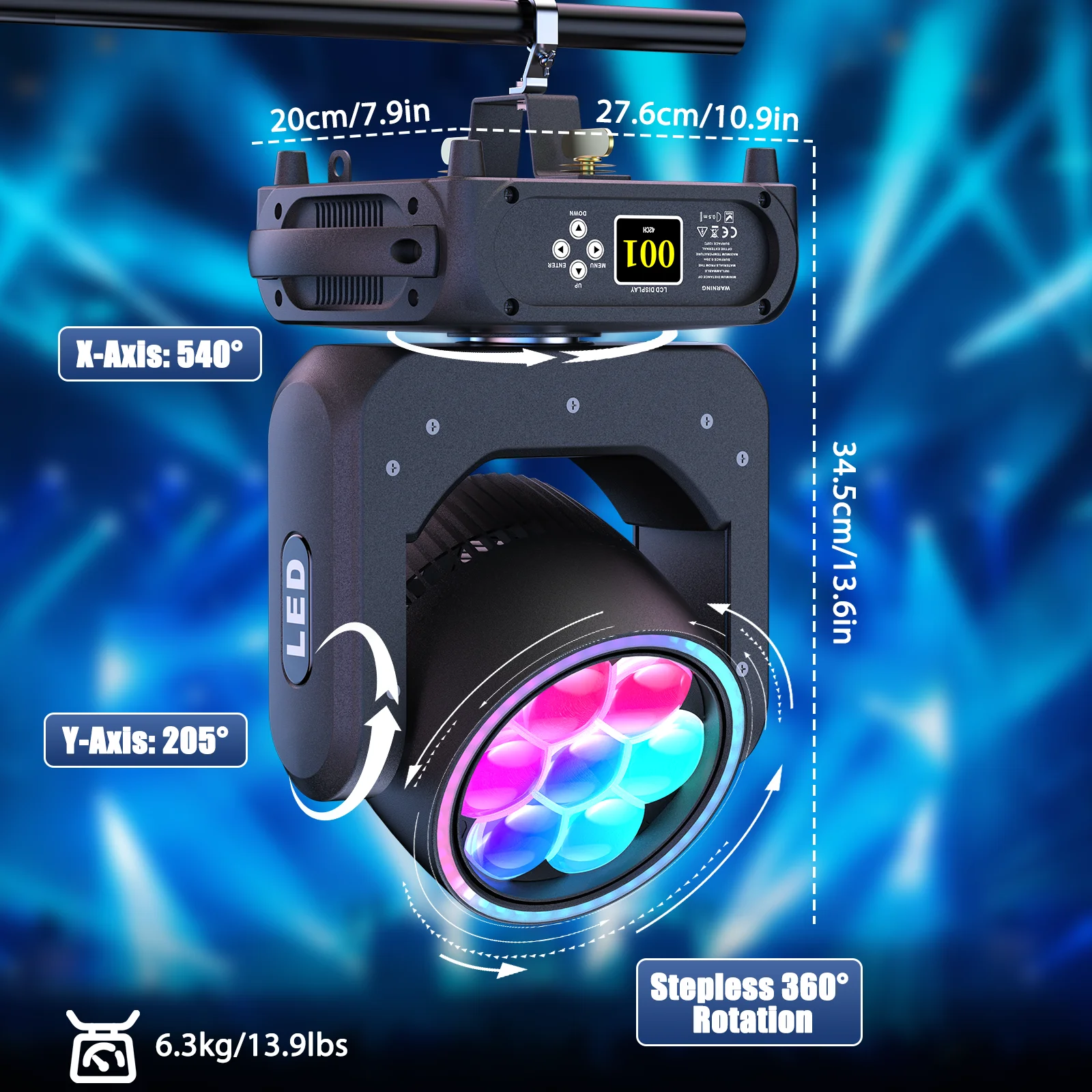 Somspot 7x40W Zoom Moving Head Light RGBW Stage Effect Lighting Projector for Party Concert Wedding Theater Live Show Bar Club