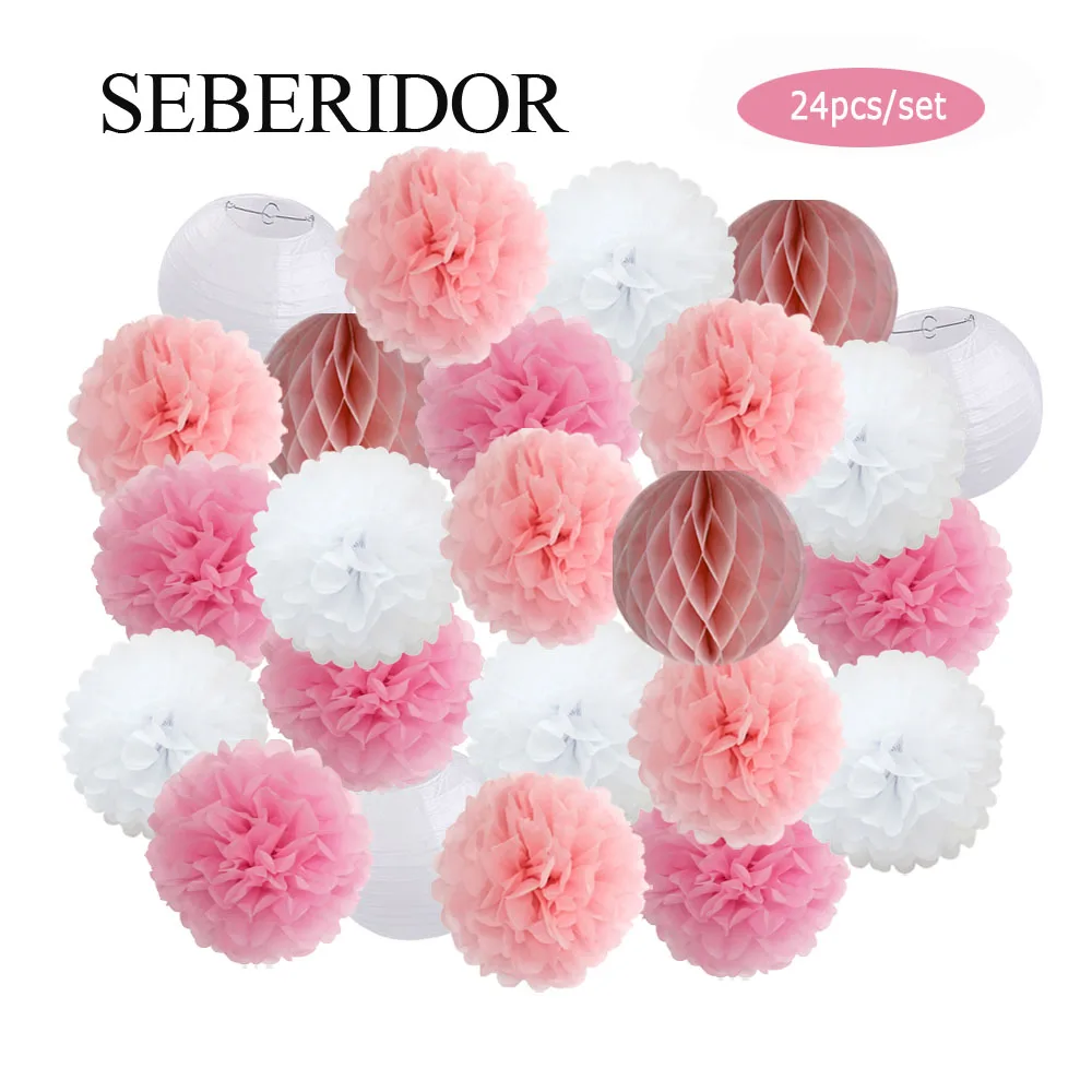 24pcs/Set Baby Shower Party Favor Hanging Paper Pompom Kids Boy Girl Birthday Dark Blue Wedding Events Decoration White Lanterns