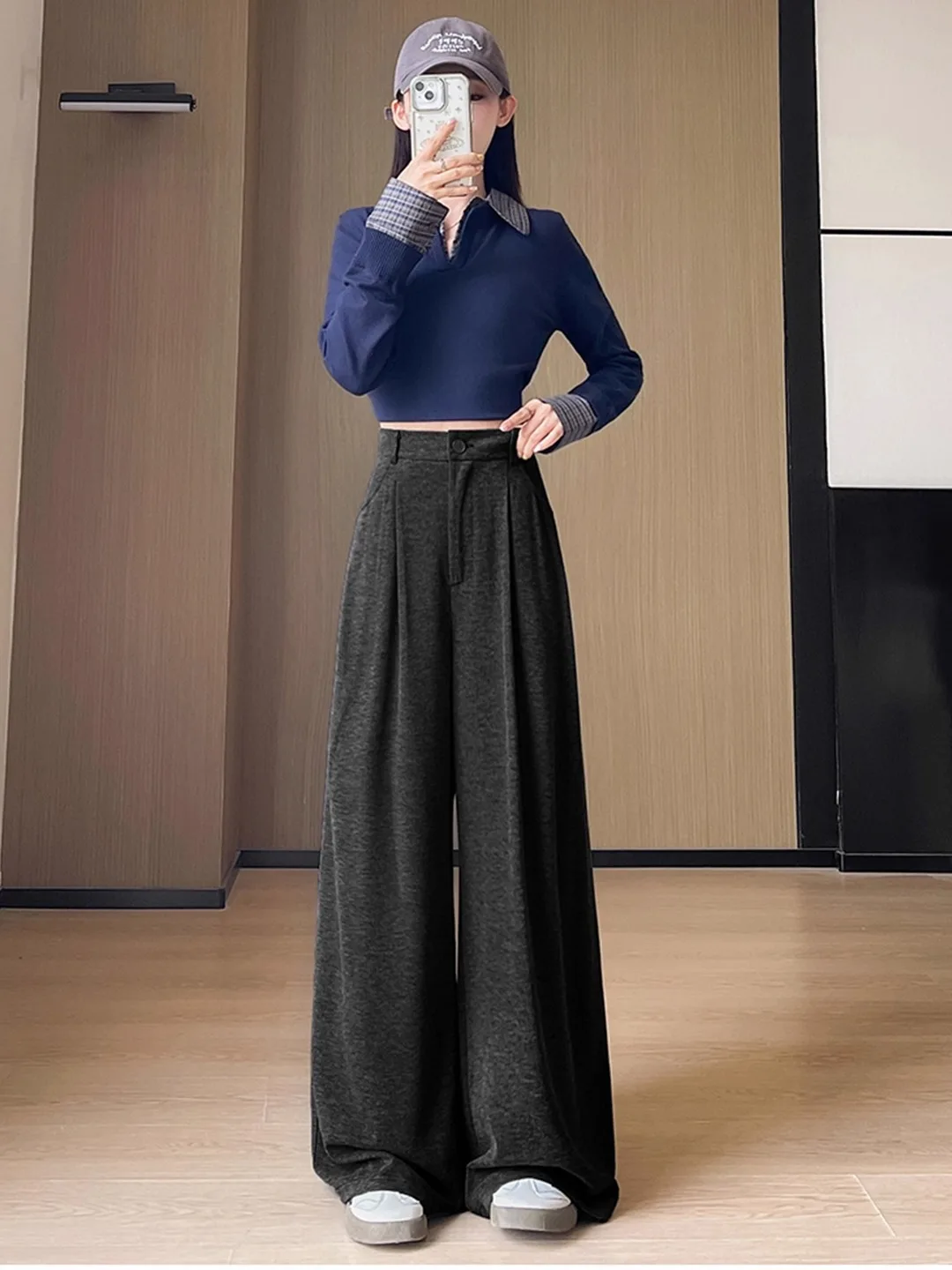 กางเกงขากว้างทรงตรงผ้าข้าวเหนียวสีโออาเอล สำหรับผู้หญิง ฤดูใบไม้ร่วง ฤดูหนาว รุ่นใหม่ เอวสูง ทรงหลวม สไตล์ลำลอง เนื้อผ้านุ่ม