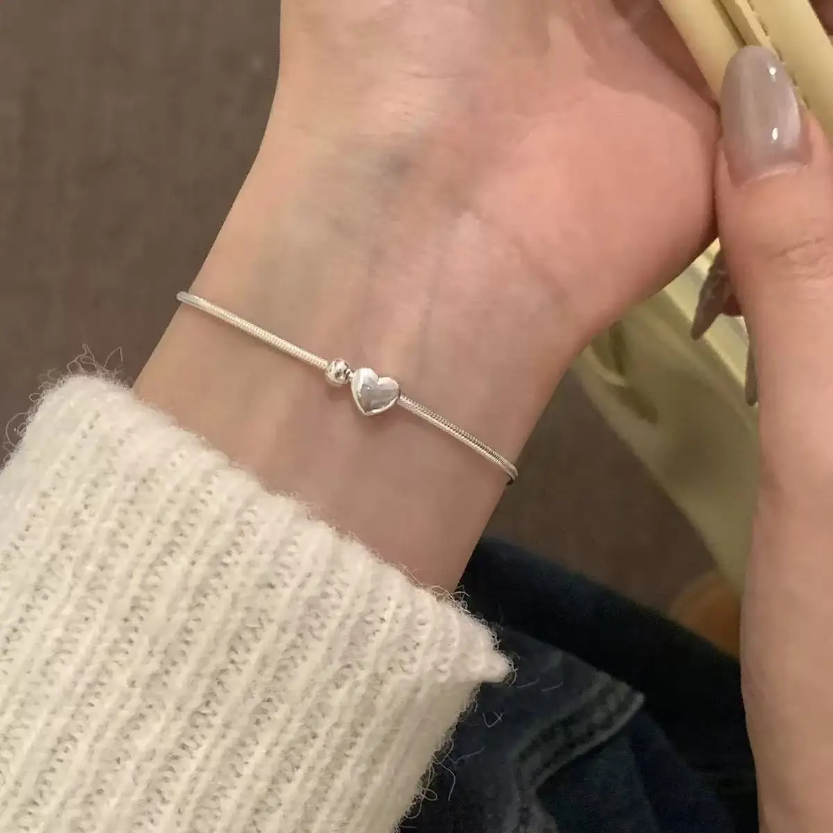 1Pc Dainty Heart Charm Snake Chain Bracelet, Silver‑Tone Minimalist Adjustable Chain Sweet Daily Stackable Wrist Ornament