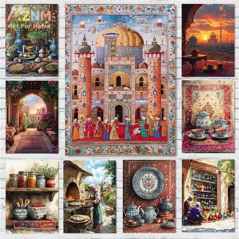 AZNM Vintage Persian Islamic Canvas Poster Frameless Wall Art Mosque Oriental Carpet Ceramic Teapot Traditional Middle Eastern S