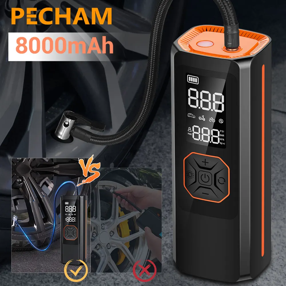 PECHAM Car Tire Pump Auto Tyre Inflator Compressor for Motorcycle Bicycle Boat 8000mAh 12V Portable Digital Inflatable Air Pump