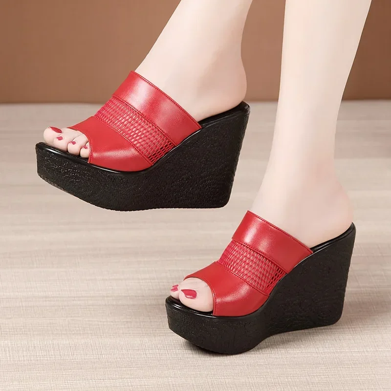 

11cm Small Size 32-43 Comfortable Thick Bottom Mesh Leather Slippers Platform Shoes 2025 High Heels Wedges Slides Office Beach