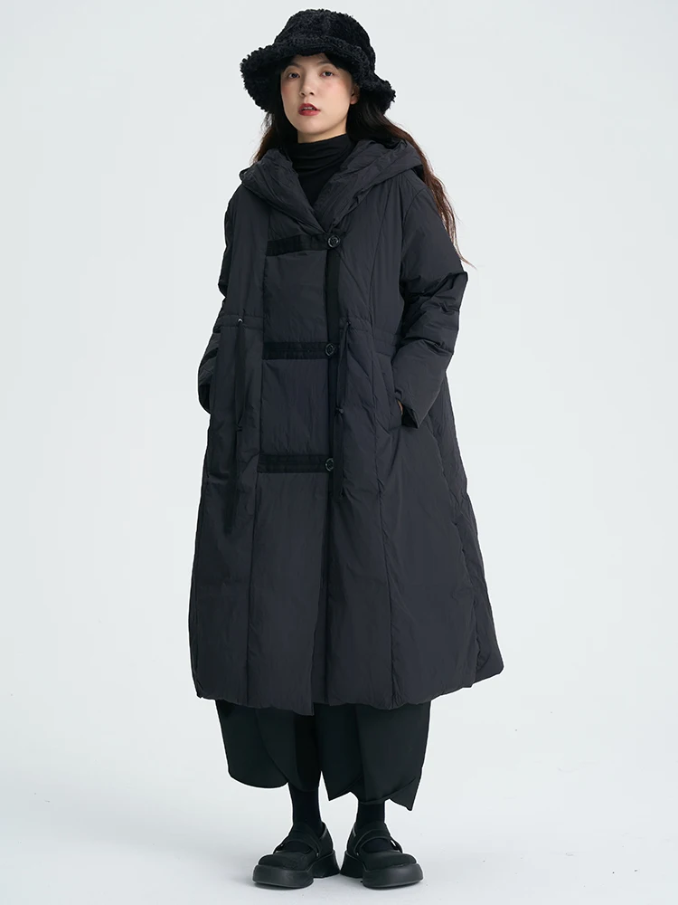 Chinese Style Thick Warm Long Down Coats for Women, White Duck Down Coats, Thin Waist Coat, Hooded Loose Jackets, Stylish Winter