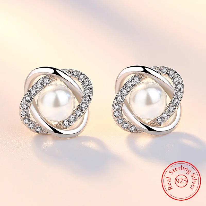 Real 925 Sterling Silver Crystal Jewelry New Cross Circle Pearl Stud Earrings For Women XY0200