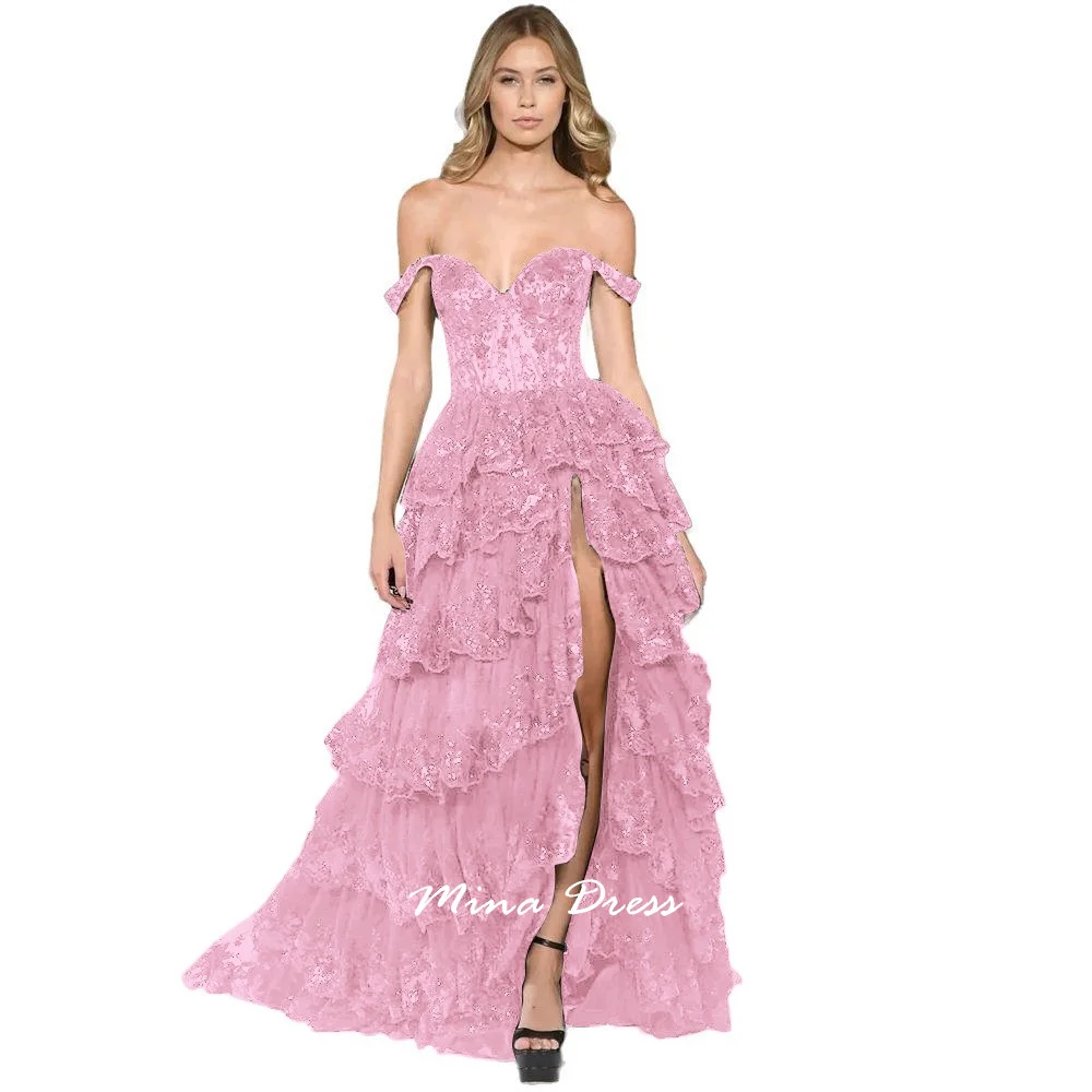 مينا مخصصة الطبقات كشكش بريق الجانب الشق بلا أكمام فستان جديد لضيوف الزفاف فساتين السهرة 2025 فستاين سهرة/فساتين الحفلات الفاخرة