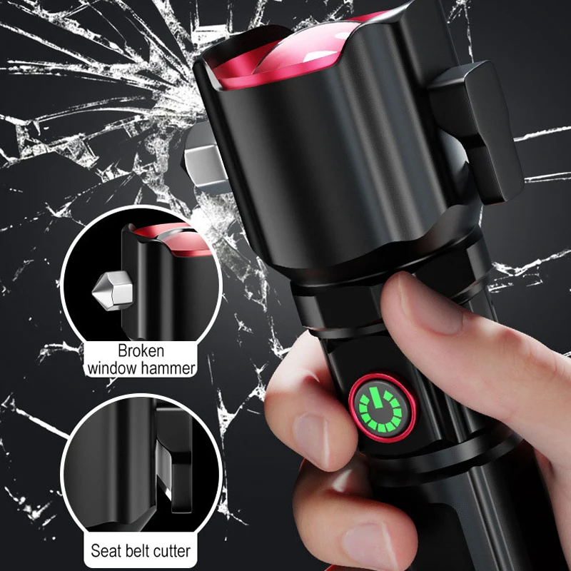 Multi-function Car Home LED Flashlight Car Safety Hammer Flashlight USB Charging Ultra-strong Outdoor Strong Light Detection