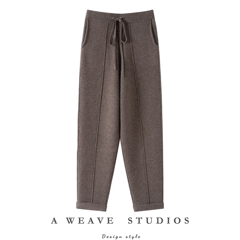 Autumn Winter Women 100% Cashmere Trousers Fashion New Style Thick Warm Pencil Pants Comfortable Elastic Waist Knit Pants