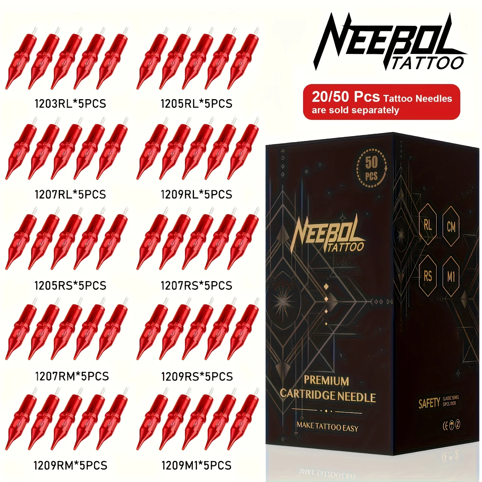

20/50Pcs Neebol Tattoo Cartridge Needles Mixed Size Assorted Round Liner Shader Curved/Round Mag #10 #12 Bugpin Standard 3RL 5RL 7RL 9RL 11RL 5RS 7RS 9RS 7RM 9RM 9M1 for Tattoo Supplies and Equipment, Tattoo Gun Machine Kit Body Art Gift