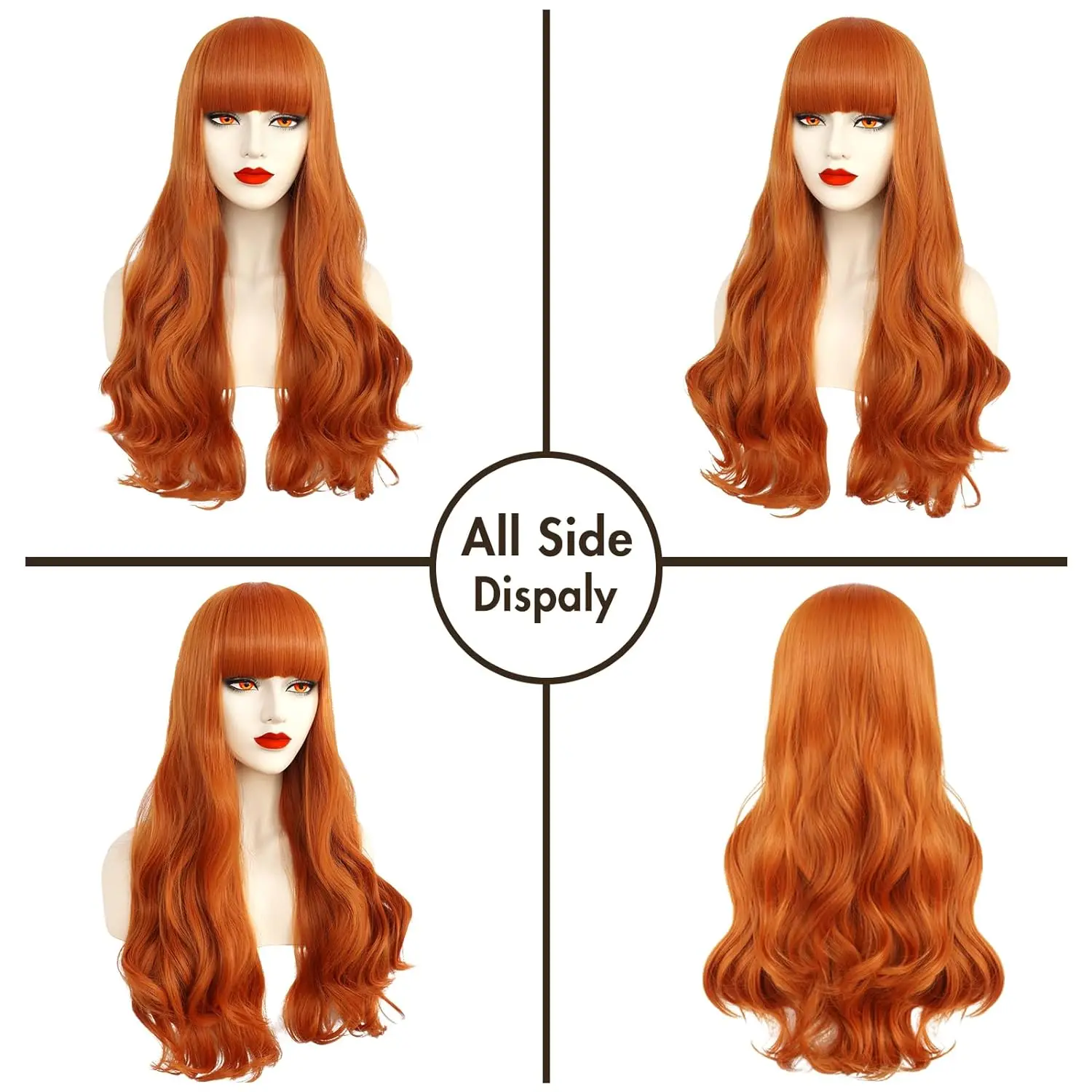 Orange Red Wig with Bangs Nami Wig Long Wavy Orange Wig for Women Girls Heat Resistant Synthetic Cosplay Party Costume Wig