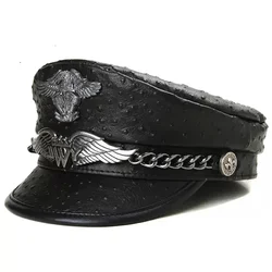 Tidal Cap Men's Motorcycle Genuine Leather Cap Male Captain British Punk Style Beret European American Flat Top White Casquette