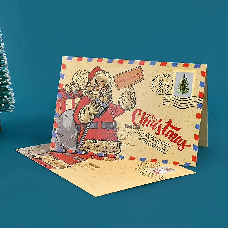 5pcs Vintage Christmas Greeting Card Cartoon Santa Claus Folding Card Blessing Message Card With Envelope New Year Navidad 2025