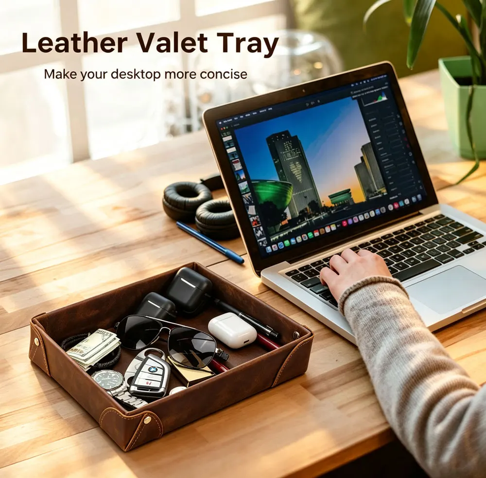 Vintage Genuine Leather Desktop Storage Tray  Jewelry Cosmetic Key Storage Tray Desktop Folding Organizer Storage Box For Home
