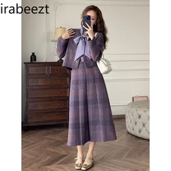 Irabeezt French Style Skirt Set Plaid Loose Casual Coats Tops A-line Young Lady Long Skirts Vintage Two Piece Sets Female Outfit