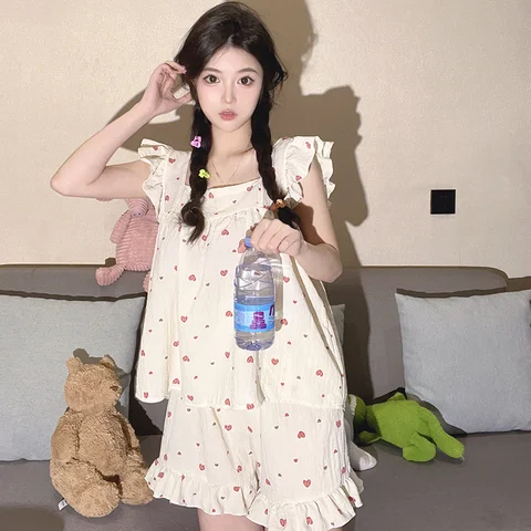 Spring Summer Women 2/pce Set Casual Loungewear Girls Sleeveless Lace Vest Shorts Sets Lady Loose Floral Print Indoor Pajama