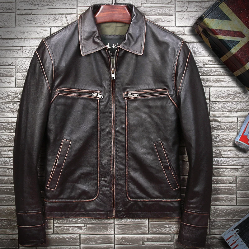 

DHL Free Shipping Men's Vintage Motorcycle Cowhide Leather Jacket Large Size Soft Thick Cow Biker Jackets Spring Autumn Coats