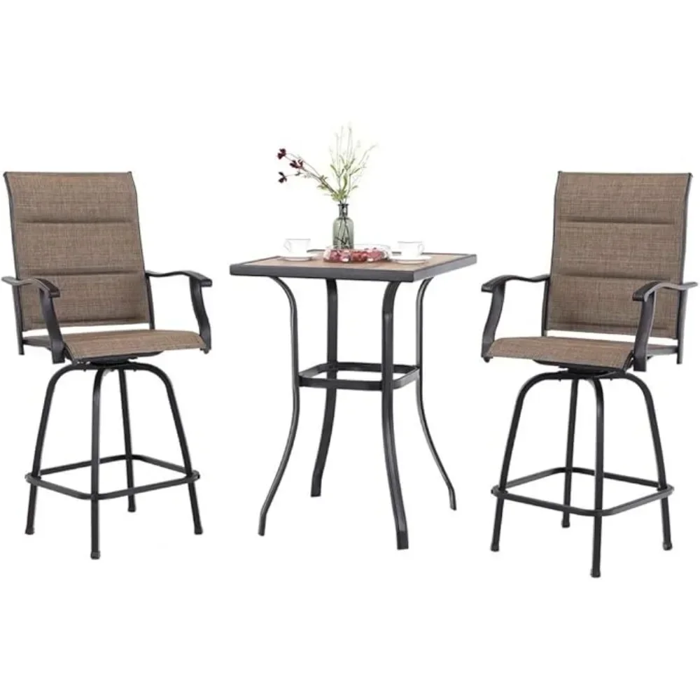 Acolchoado giratório Bar Stools Set, pátio ao ar livre Bistro, tecido textileno, All-Weather Mobiliário Pátio, mesa e cadeiras Set, 3 pcs