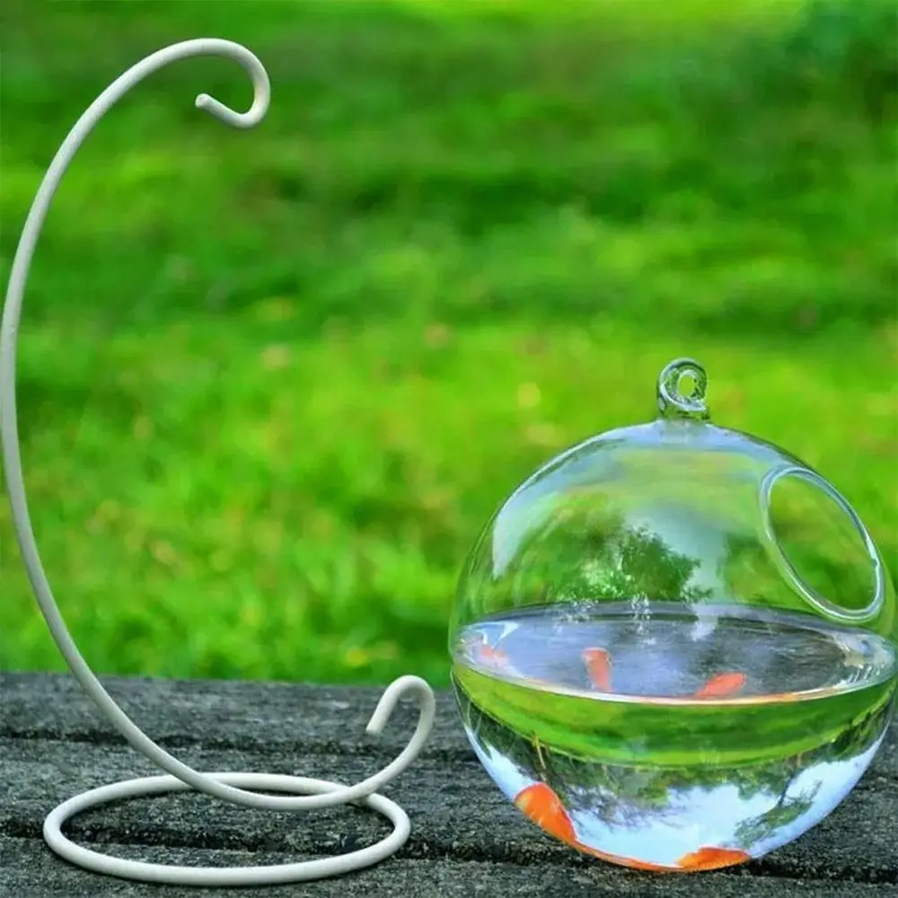 Round/Rectangle Shape Hanging Glass Aquarium Fish Tank Fish Bowl Transparent Vase Ornament With Rack Holder Home Decoration