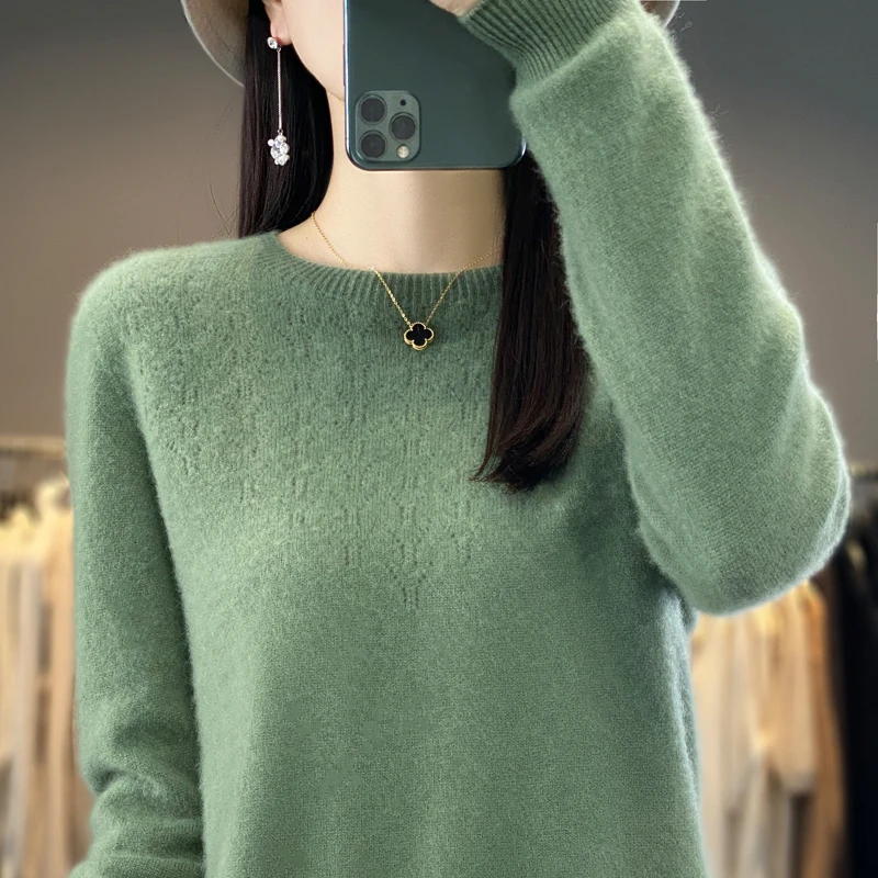 100% Merino Wool New O Neck Sweater Women Loose Ssolid Color Hhollow-Out Pullover Base Shirt with Warm Autumn And Winter Top