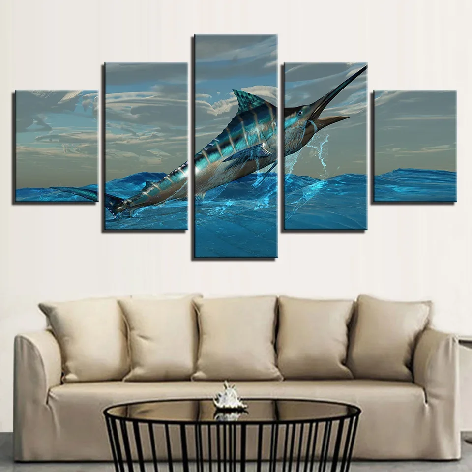 5-piece canvas decoration painting spray painting sea blue gunfish sofa background wall painting home oil painting